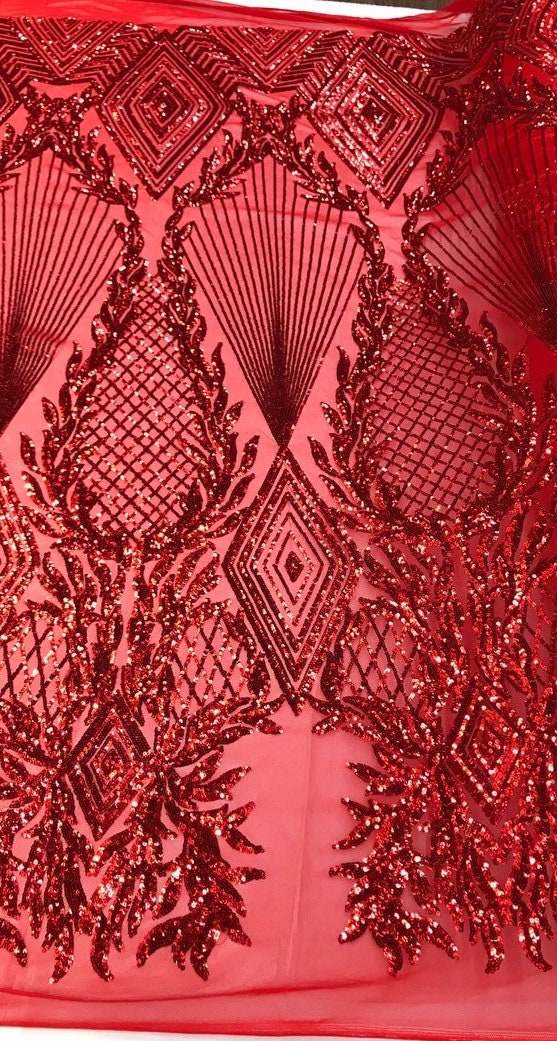 Geometric Diamond Luxury Fashion Design with Sequins Embroider on a 4 Way Stretch Mesh Fabric-Sold by The Yard. Red