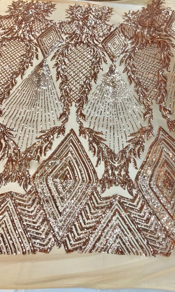 Geometric Diamond Luxury Fashion Design with Sequins Embroider on a 4 Way Stretch Mesh Fabric-Sold by The Yard. Rose Gold