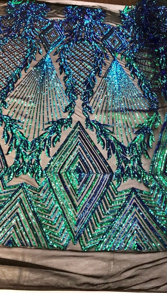 Geometric Diamond Luxury Fashion Design with Sequins Embroider on a 4 Way Stretch Mesh Fabric-Sold by The Yard. Green Iridescent