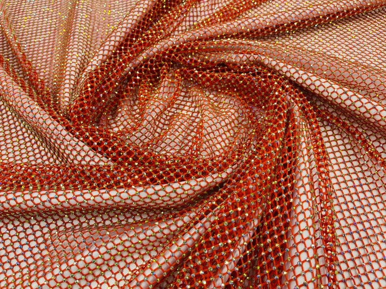 Rhinestones On Soft Stretch Fish Net Fabric 45" Wide -Sold by The Yard. Orange