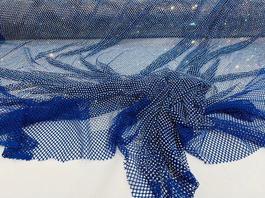 Rhinestones On Soft Stretch Fish Net Fabric 45" Wide -Sold by The Yard. Royal Blue