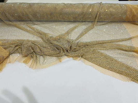 Rhinestones On Soft Stretch Fish Net Fabric 45" Wide -Sold by The Yard. Champagne Nude