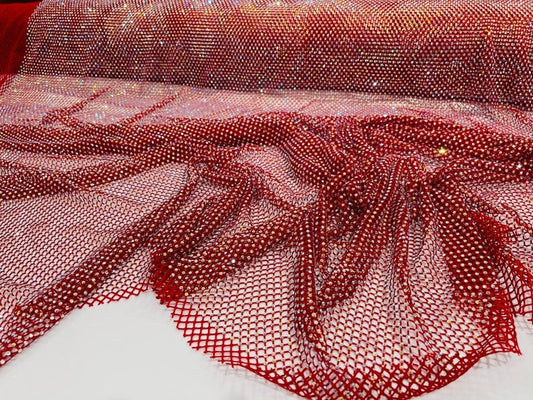 Rhinestones On Soft Stretch Fish Net Fabric 45" Wide -Sold by The Yard. Red