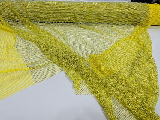 Rhinestones On Soft Stretch Fish Net Fabric 45" Wide -Sold by The Yard. Yellow