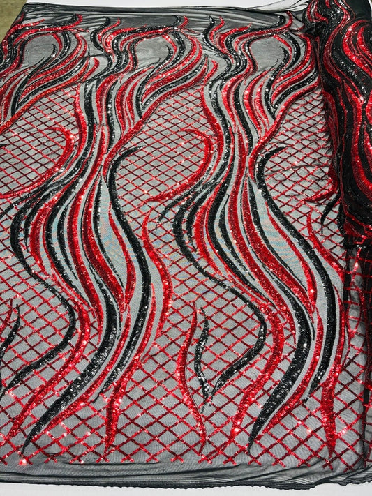 Fire Luxury Fashion Design with Sequins Embroider on a 4 Way Stretch Mesh Fabric-Sold by The Yard. Red Black