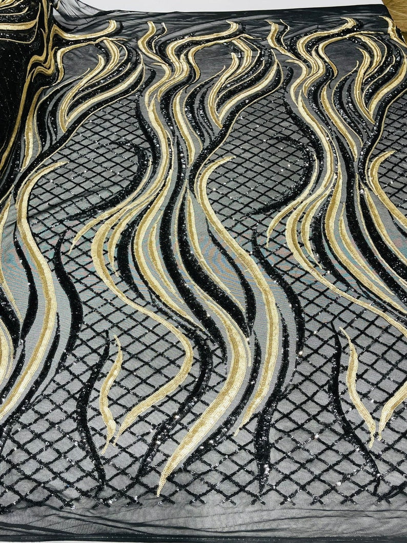 Fire Luxury Fashion Design with Sequins Embroider on a 4 Way Stretch Mesh Fabric-Sold by The Yard. Black Matt Gold