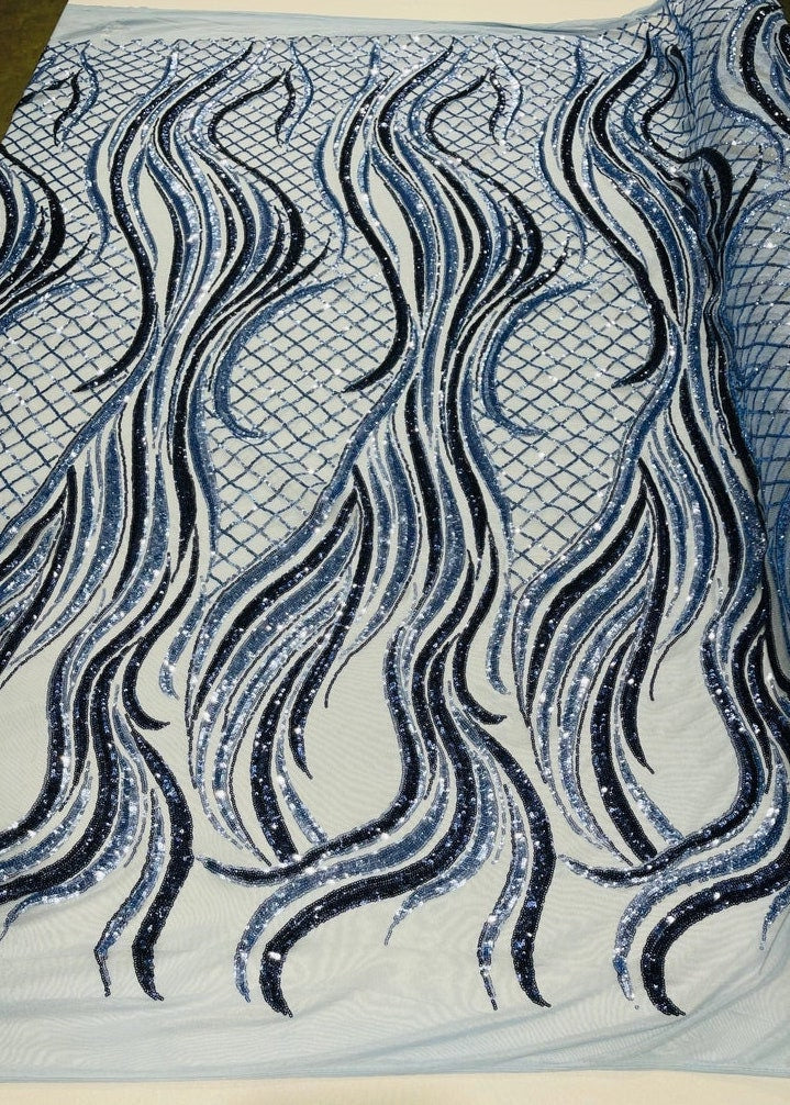 Fire Luxury Fashion Design with Sequins Embroider on a 4 Way Stretch Mesh Fabric-Sold by The Yard. Light Blue Navy