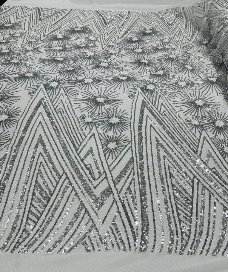 Geometric Luxury Fashion Design with Sequins Embroider on a 4 Way Stretch Mesh Fabric-Sold by The Yard. Silver White