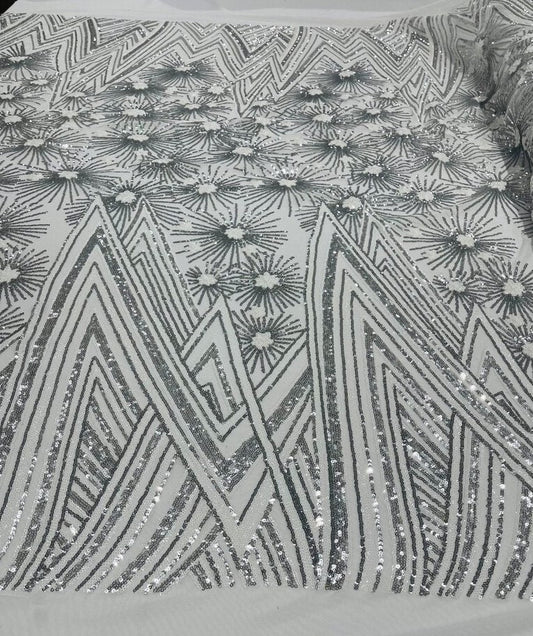 Geometric Luxury Fashion Design with Sequins Embroider on a 4 Way Stretch Mesh Fabric-Sold by The Yard. Silver White