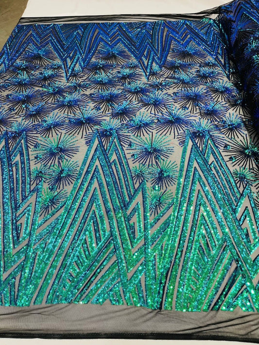 Geometric Luxury Fashion Design with Sequins Embroider on a 4 Way Stretch Mesh Fabric-Sold by The Yard. Green Iridescent