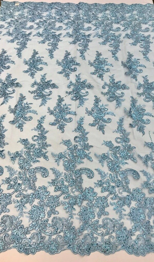 Floral Design Embroidery On a Mesh Lace With Sequins and Cord-Dresses-Fashion-Prom-Nightgown-Sold By The Yard Light Blue