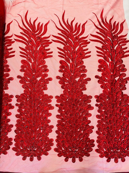 Beaded Feather Design Embroidery On a Mesh Fabric-Sold By The Panel- Red