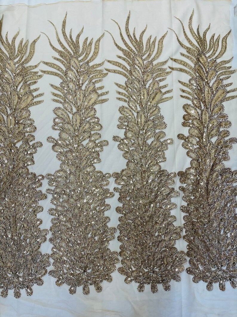 Beaded Feather Design Embroidery On a Mesh Fabric-Sold By The Panel- Champagne