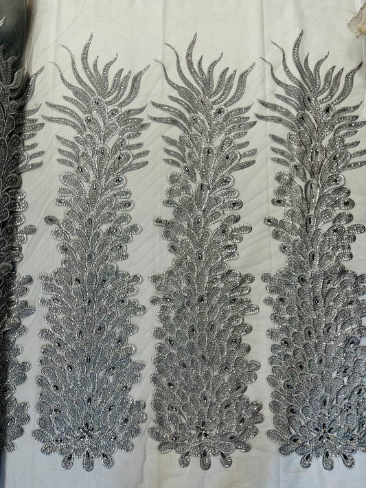 Beaded Feather Design Embroidery On a Mesh Fabric-Sold By The Panel- Silver