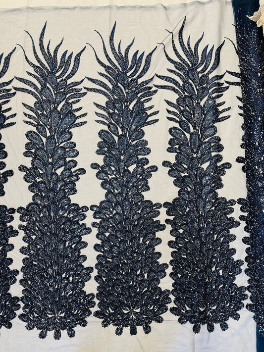 Beaded Feather Design Embroidery On a Mesh Fabric-Sold By The Panel- Navy Blue