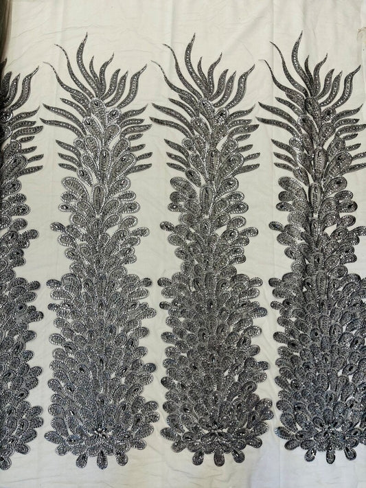 Beaded Feather Design Embroidery On a Mesh Fabric-Sold By The Panel- Gray