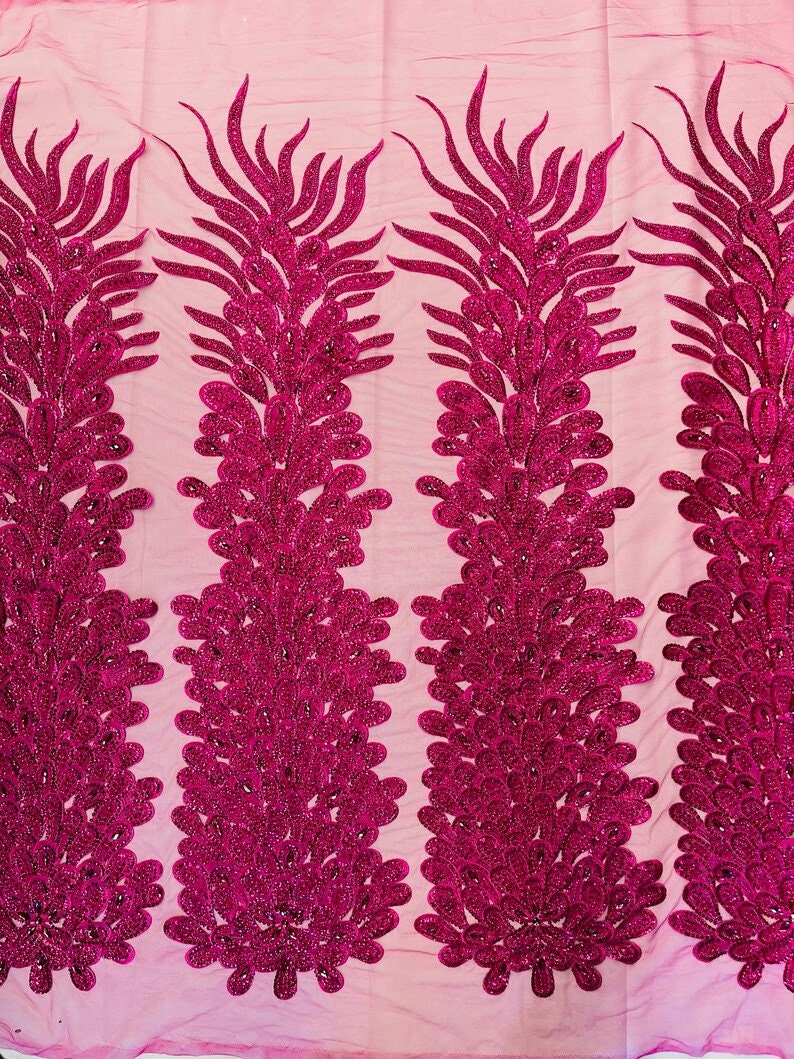 Beaded Feather Design Embroidery On a Mesh Fabric-Sold By The Panel- Fuchsia