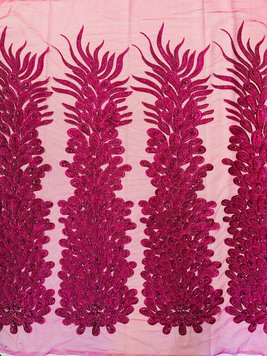 Beaded Feather Design Embroidery On a Mesh Fabric-Sold By The Panel- Fuchsia