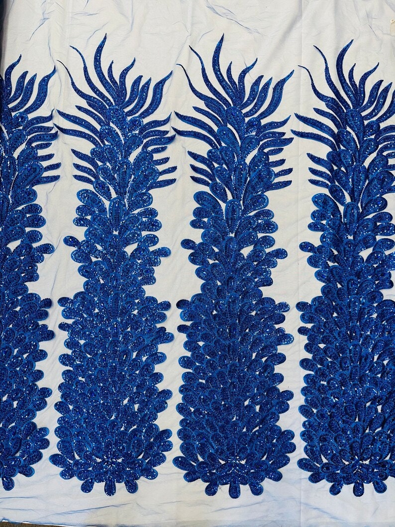 Beaded Feather Design Embroidery On a Mesh Fabric-Sold By The Panel- Royal Blue