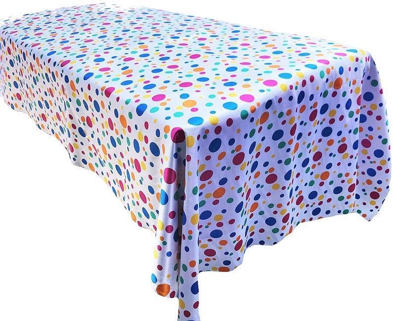 Your Happy Birthday Tablecloth Multi Color Polka Dot Satin Tablecloth Rectangular, Multi Color Dot on White) Choose Size Below