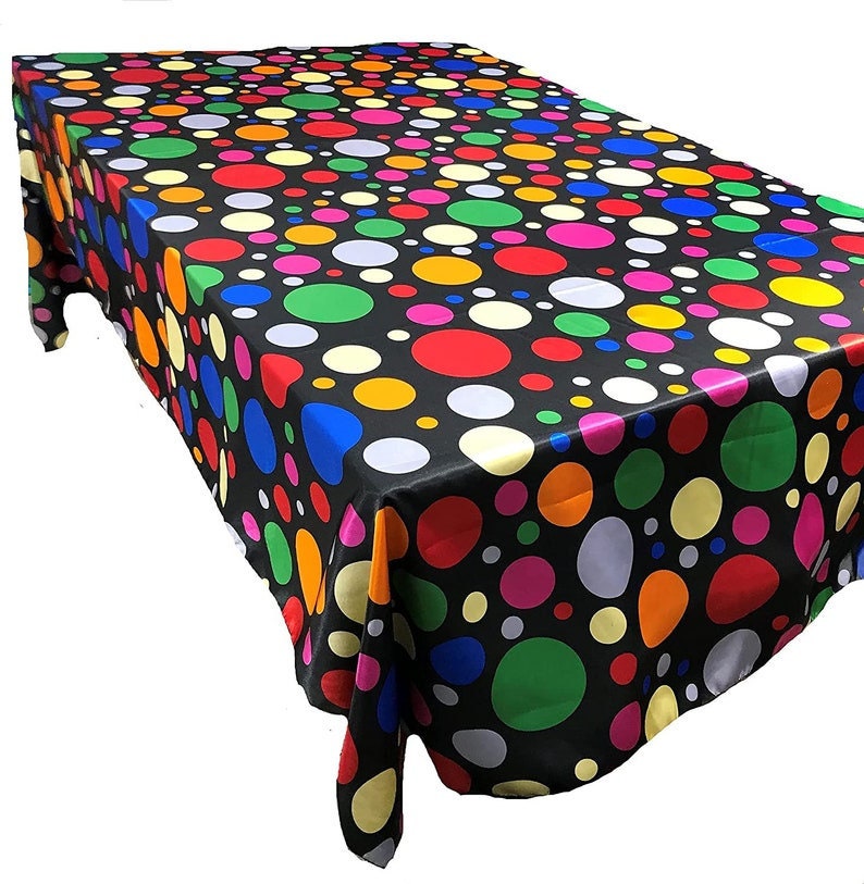 Your Happy Birthday Tablecloth Multi Color Polka Dot Satin Tablecloth Rectangular, Multi Color Dot on Black ) Choose Size Below