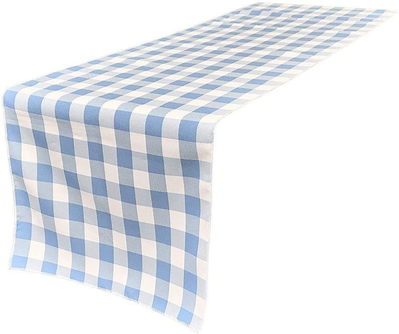 Checkered, Plaid Table Runner (White & Light Blue