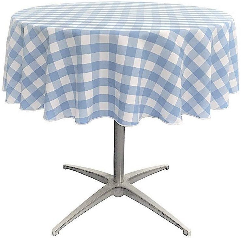 Checkered Gingham Plaid Round Tablecloth for Small Coffee Table (White & Lt Blue