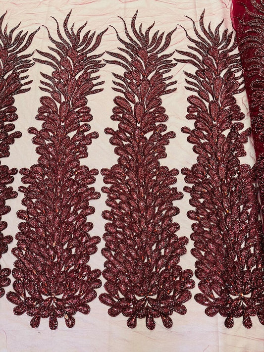 Beaded Feather Design Embroidery On a Mesh Fabric-Sold By The Panel- Burgundy