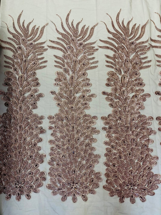 Beaded Feather Design Embroidery On a Mesh Fabric-Sold By The Panel- Rose Gold