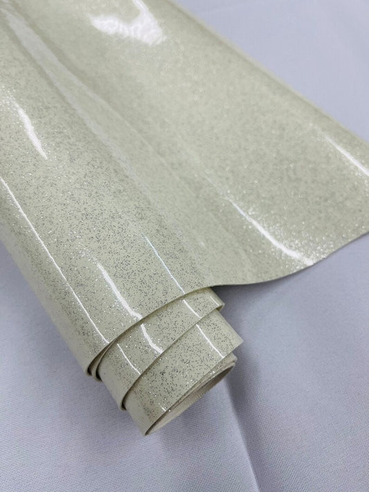 Shiny Sparkle Glitter Vinyl, Faux Leather PVC-Upholstery Craft Fabric Sold by The Yard. Ivory