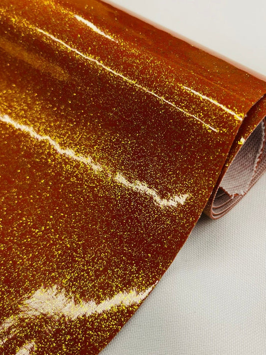 Shiny Sparkle Glitter Vinyl, Faux Leather PVC-Upholstery Craft Fabric Sold by The Yard. Burnt Orange