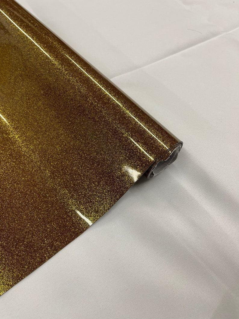 Shiny Sparkle Glitter Vinyl, Faux Leather PVC-Upholstery Craft Fabric Sold by The Yard. Dk Gold