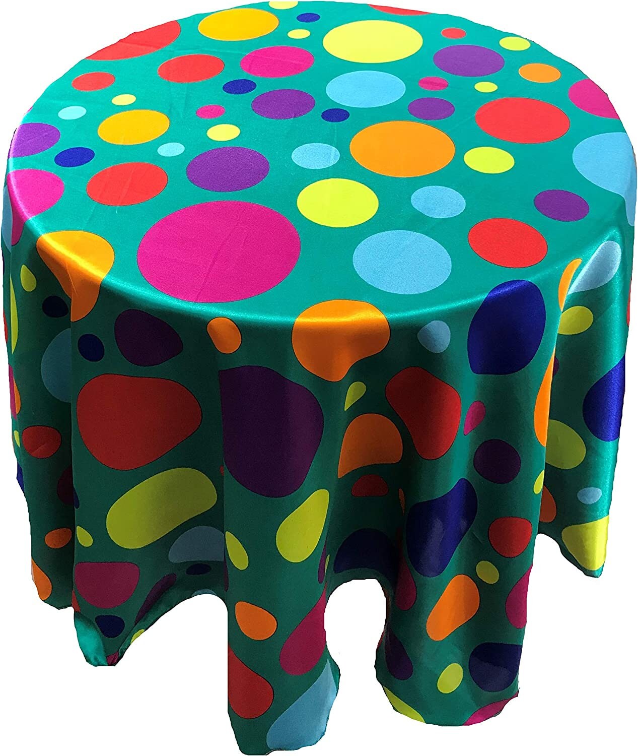 Your Happy Birthday Tablecloth Multi Color Polka Dot Satin Tablecloth (Round, Multi Color Dot on Teal ) Choose Size Below