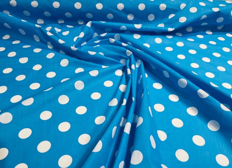 Premium 1 inch Polka Dot Poly Cotton Fabric Sold By The Yard. White on Turquoise