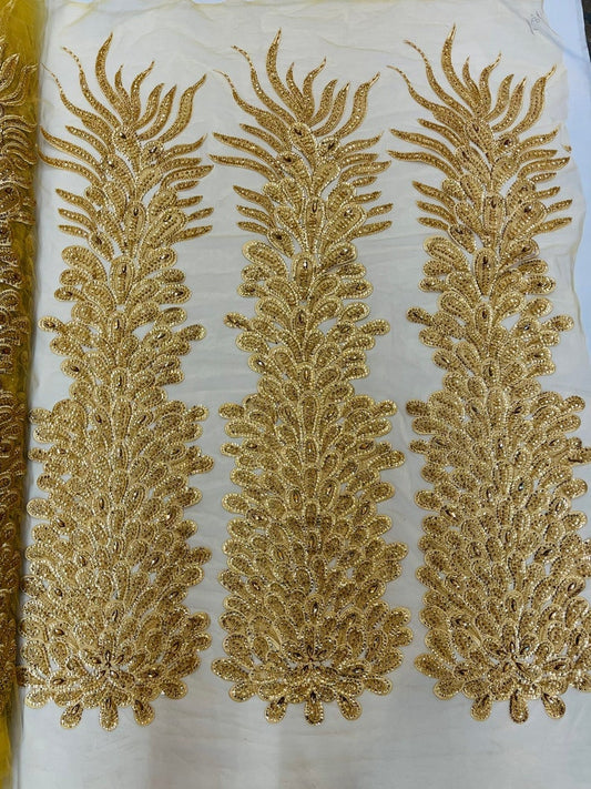 Beaded Feather Design Embroidery On a Mesh Fabric-Sold By The Panel- Gold