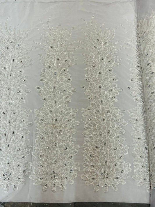 Beaded Feather Design Embroidery On a Mesh Fabric-Sold By The Panel- White