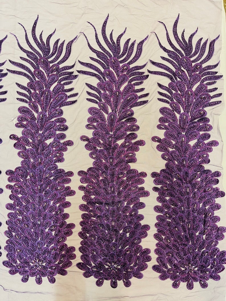 Beaded Feather Design Embroidery On a Mesh Fabric-Sold By The Panel- Purple