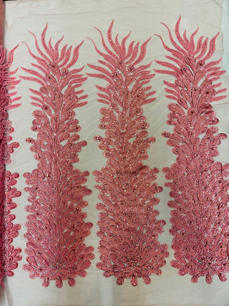 Beaded Feather Design Embroidery On a Mesh Fabric-Sold By The Panel- Dusty Rose