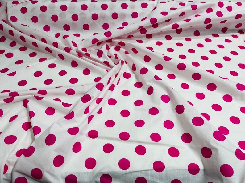 Premium 1 inch Polka Dot Poly Cotton Fabric Sold By The Yard. Fuchsia on White