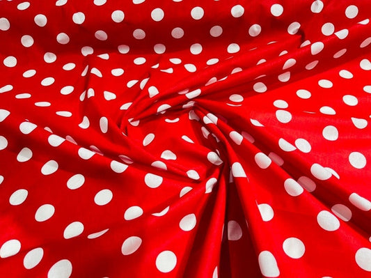 Premium 1 inch Polka Dot Poly Cotton Fabric Sold By The Yard. White on Red