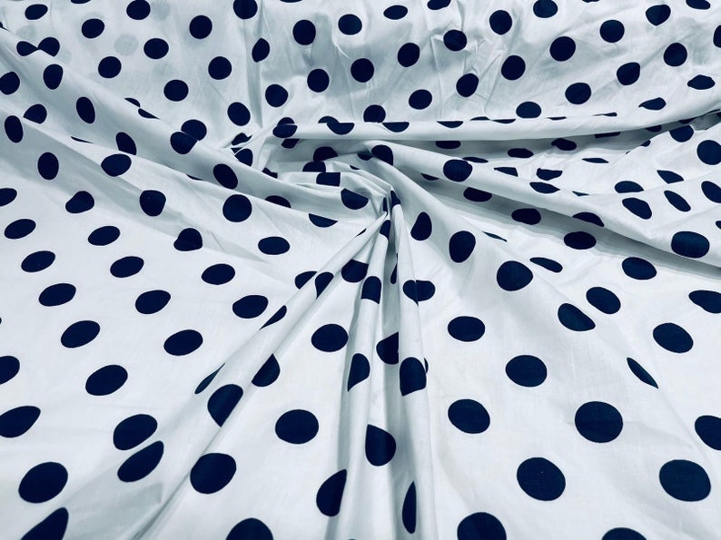 Premium 1 inch Polka Dot Poly Cotton Fabric Sold By The Yard. Navy On White