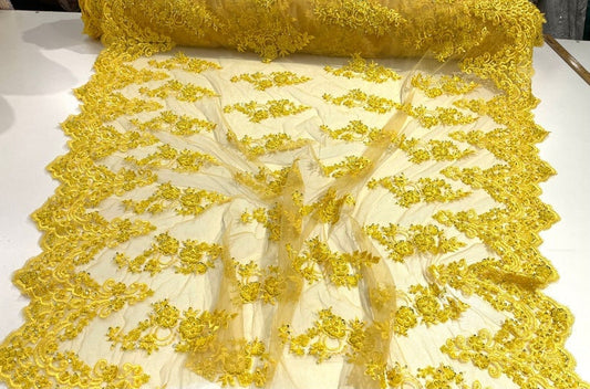 Hand Beaded Flower Design Embroider On a Mesh Lace-Prom-Sold By The Yard. Yellow