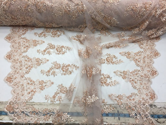 Hand Beaded Flower Design Embroider On a Mesh Lace-Prom-Sold By The Yard. Blush