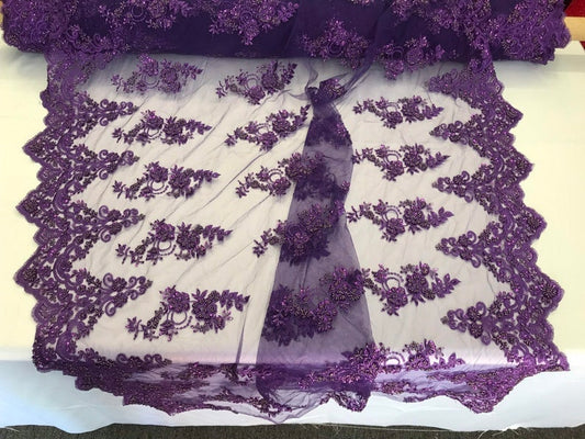 Hand Beaded Flower Design Embroider On a Mesh Lace-Prom-Sold By The Yard. Purple