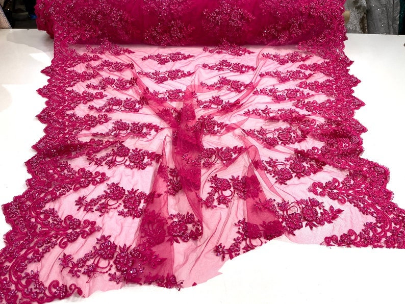 Hand Beaded Flower Design Embroider On a Mesh Lace-Prom-Sold By The Yard. Fuchsia