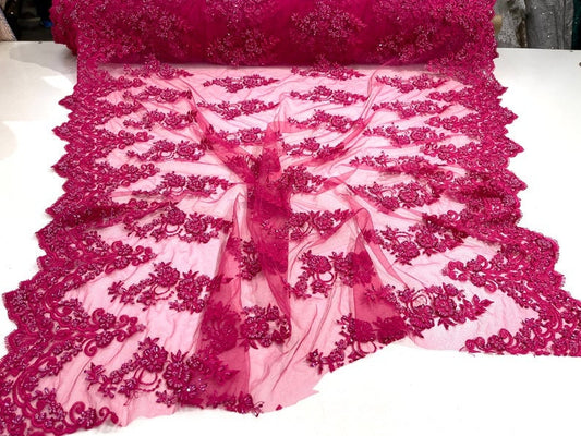 Hand Beaded Flower Design Embroider On a Mesh Lace-Prom-Sold By The Yard. Fuchsia