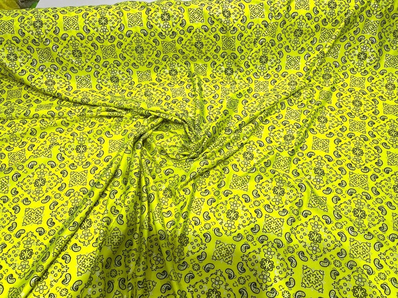 Metallic Bandanna Print on a Stretch Tricot Spandex Fabric- Sold by Yard. Neon Yellow