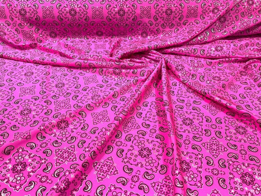 Metallic Bandanna Print on a Stretch Tricot Spandex Fabric- Sold by Yard. Neon Pink