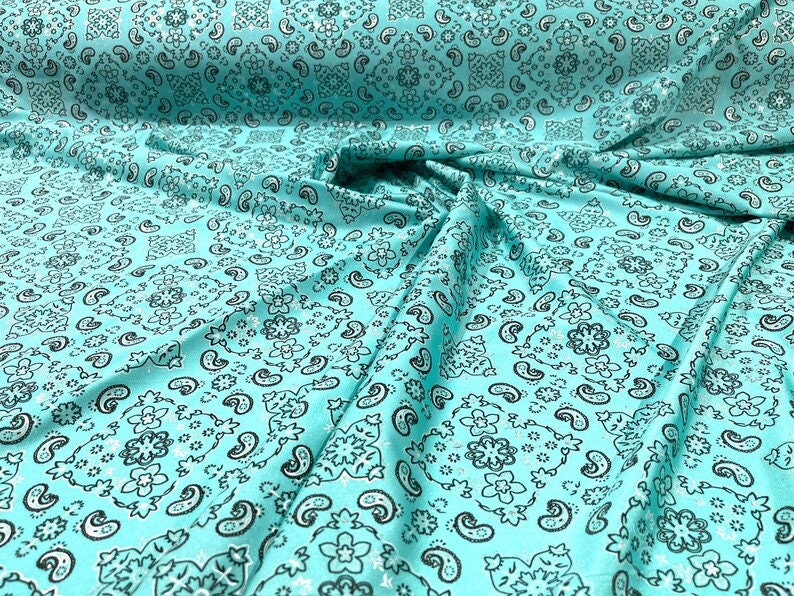 Metallic Bandanna Print on a Stretch Tricot Spandex Fabric- Sold by Yard. Mint Green