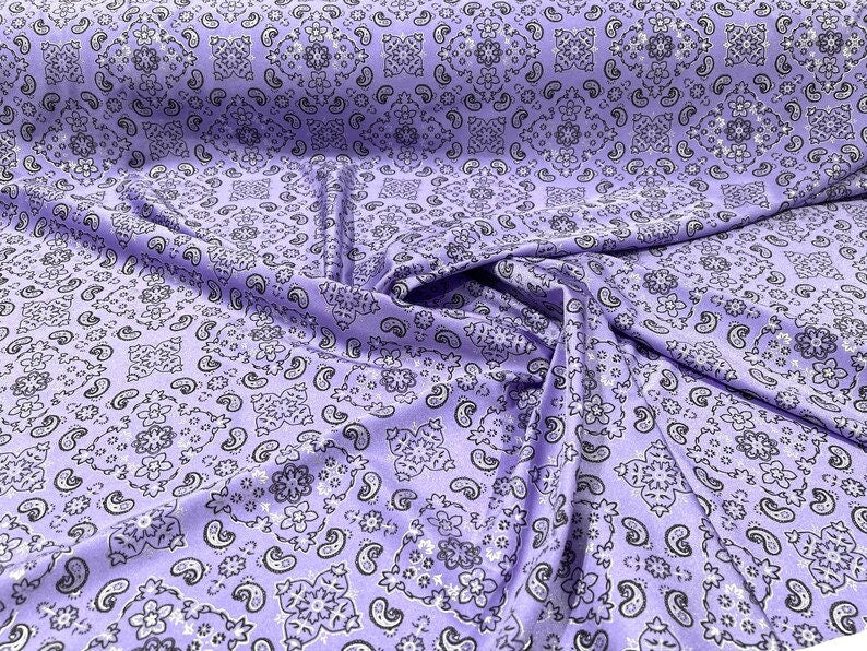 Metallic Bandanna Print on a Stretch Tricot Spandex Fabric- Sold by Yard. Lilac